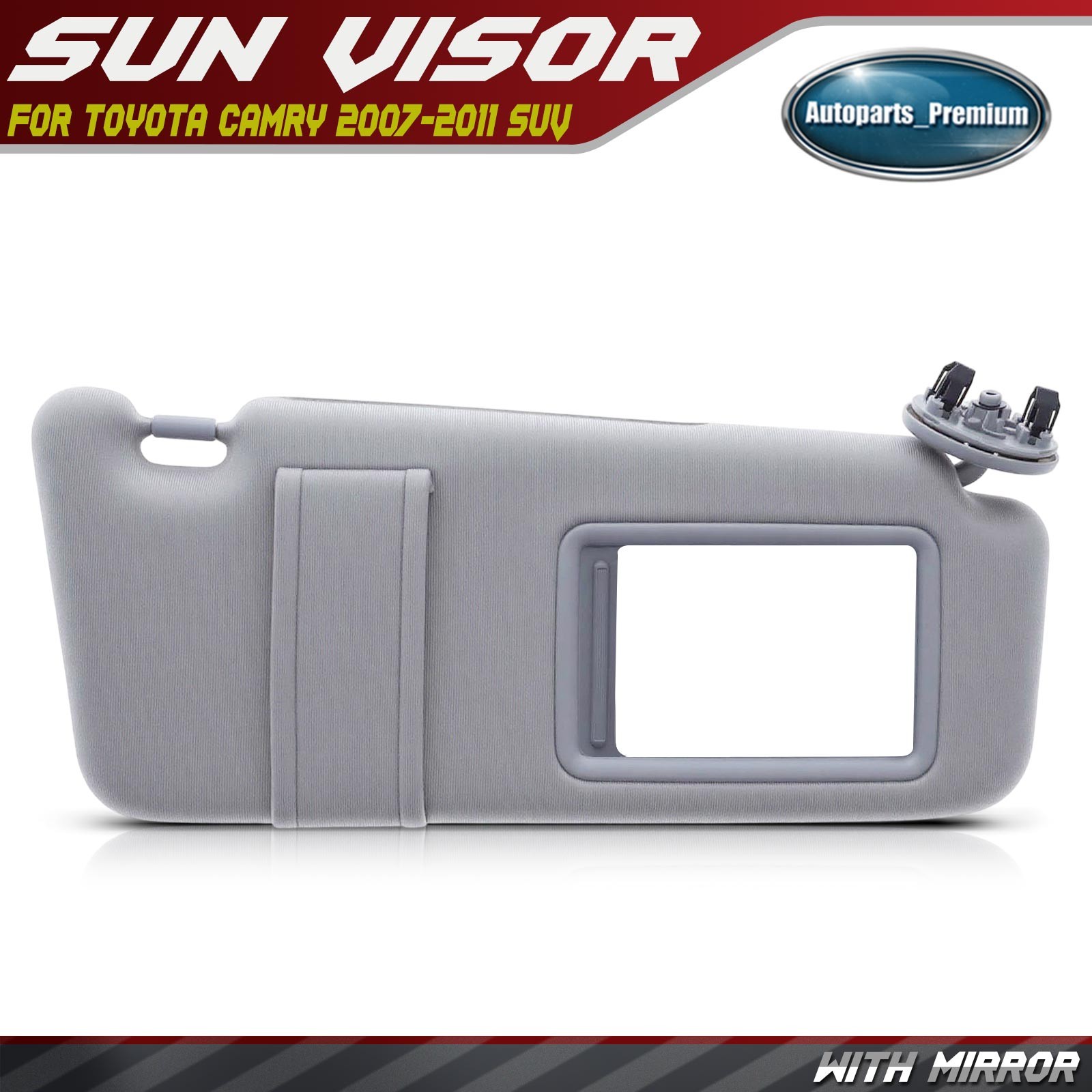 Gray Passenger Side Sun Visor with Mirror for Toyota Camry 2007-2011 w/o Sunroof