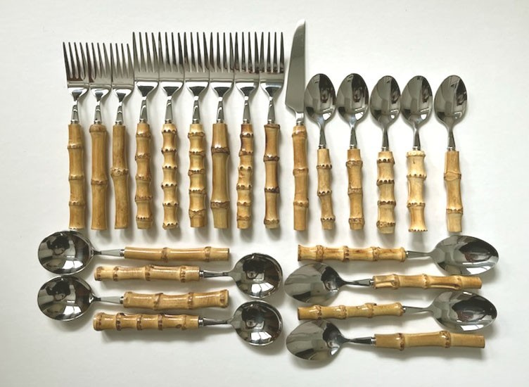 23 ASSORTED PCS.  *KOALA LOVE*  BAMBOO HANDLE STAINLESS FLATWARE-UNUSED OPEN BOX