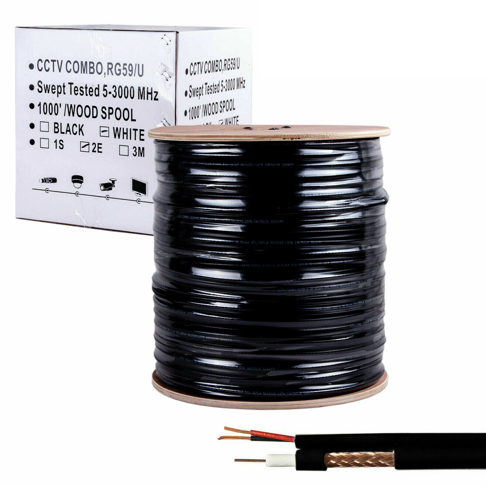 RG59 Siamese Coaxial Cable 1000ft 20AWG +18/2AWG CCTV Security Camera Wire Black