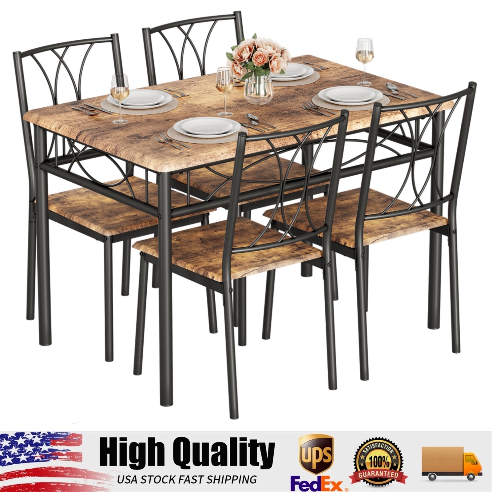 5-Piece Wood Dining Table Set for 4, Rectangular Kitchen Table Set with 4 Chairs