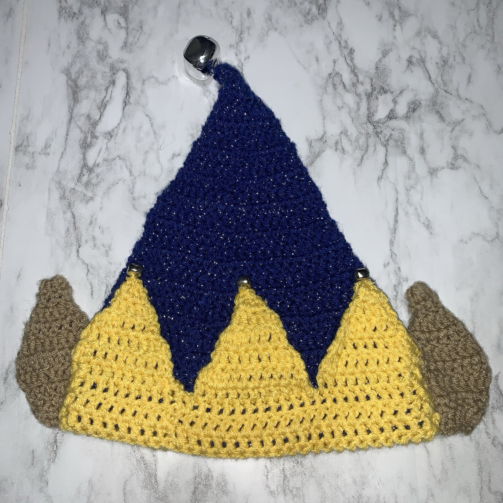 Handmade Crochet Elf Hat Yellow Blue Jingle Bell Christmas Festive Ear Santa Joy