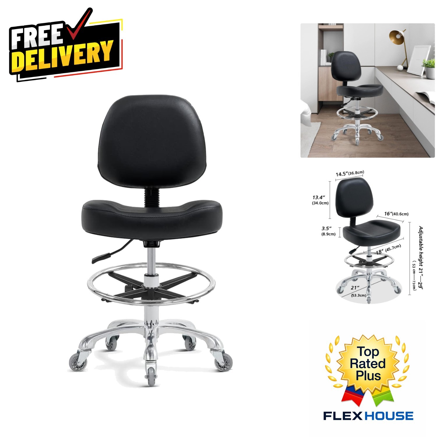 Ergonomic Drafting Chair with Adjustable Height for Comfort - Black Faux Leather