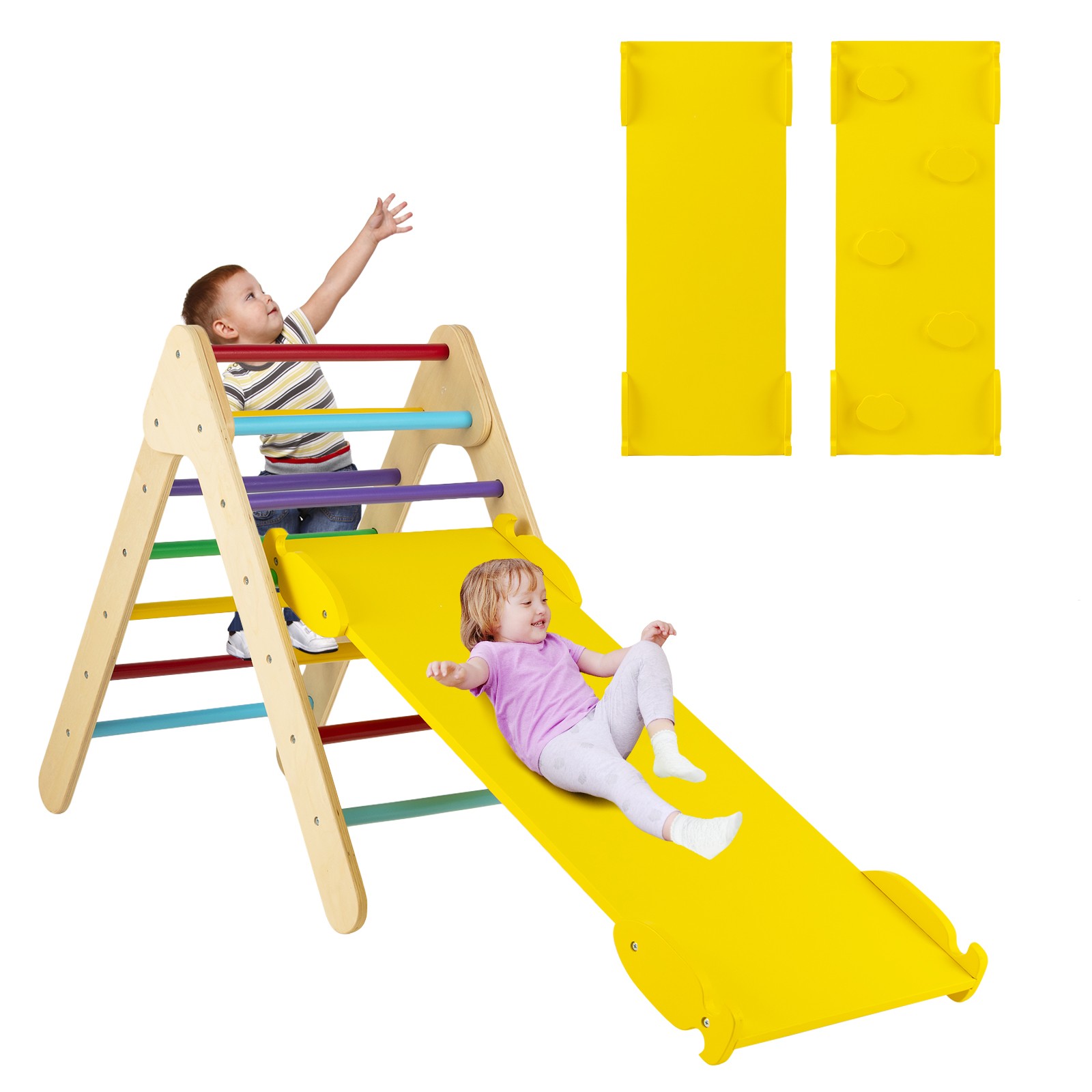 3-in-1 Wooden Climbing Triangle Set  Triangle Climber w/ Ramp Multi-color