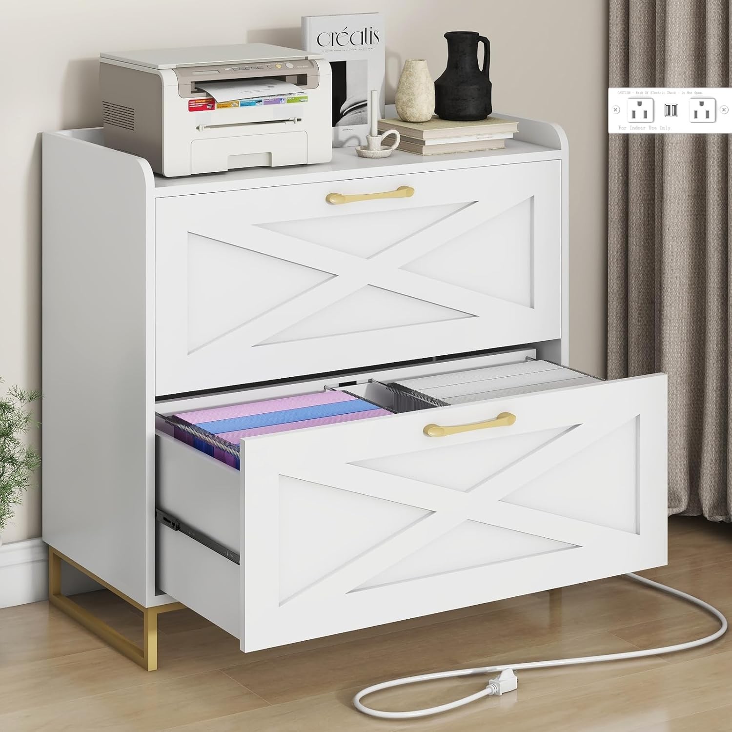 White and Gold, Large Wood File Storage Cabinets Printer Stand for Home Office,