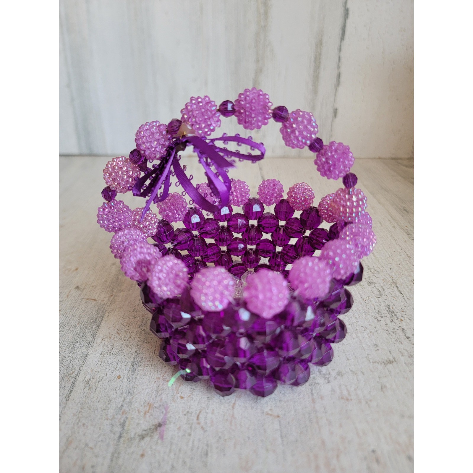 Unique purple beaded basket mini Easter spring home decor figure
