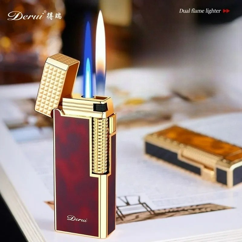 DERUI Personalized Dual Flame Butane Gas slim Edition Lighter Side Ignition Gift