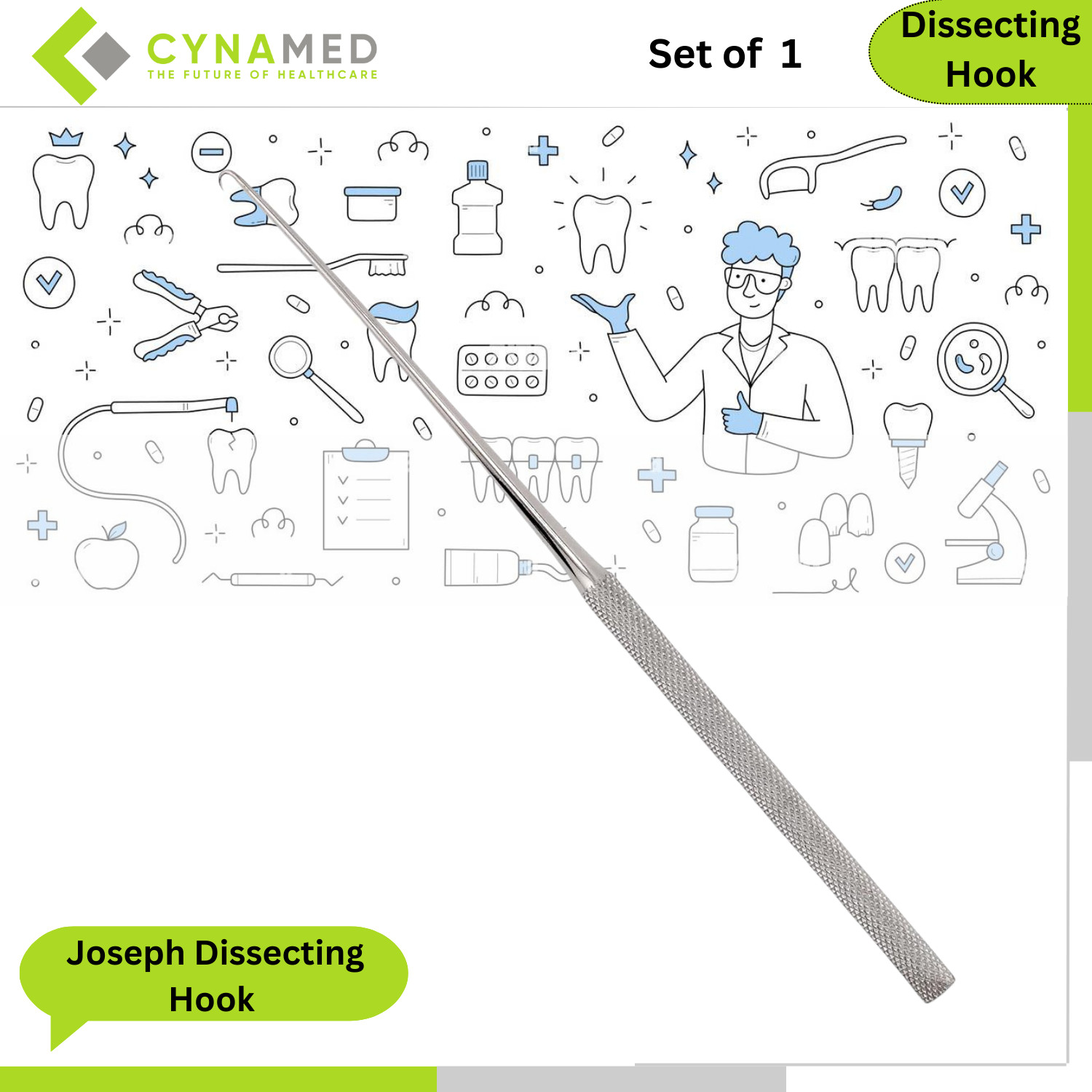 Cynamed Premium Stainless Steel Joseph Dissecting Hook w/Comfortable handle 6 in