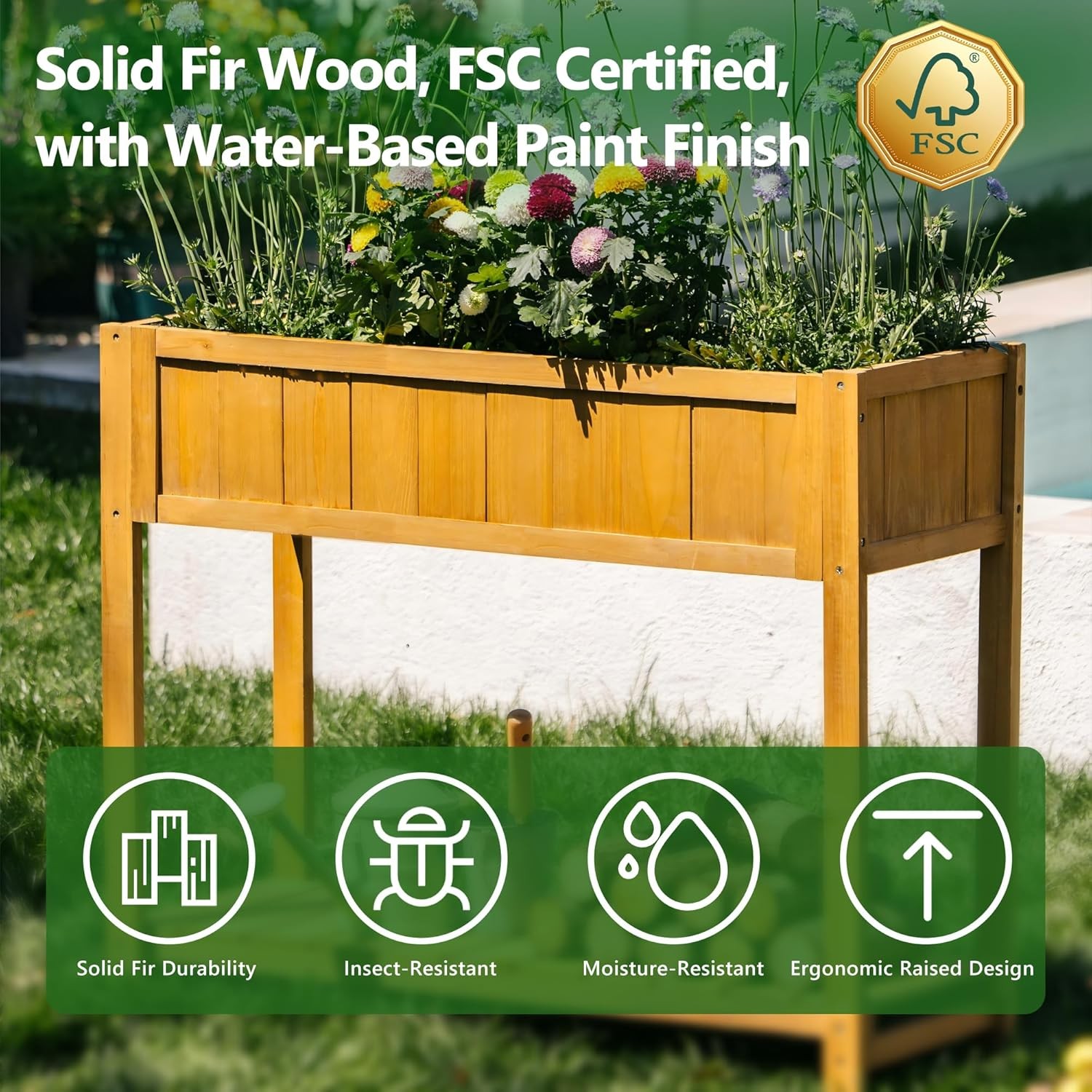 Premium Fir Wooden Raised Garden Bed with Four Legs for Backyard and Balcony Gar