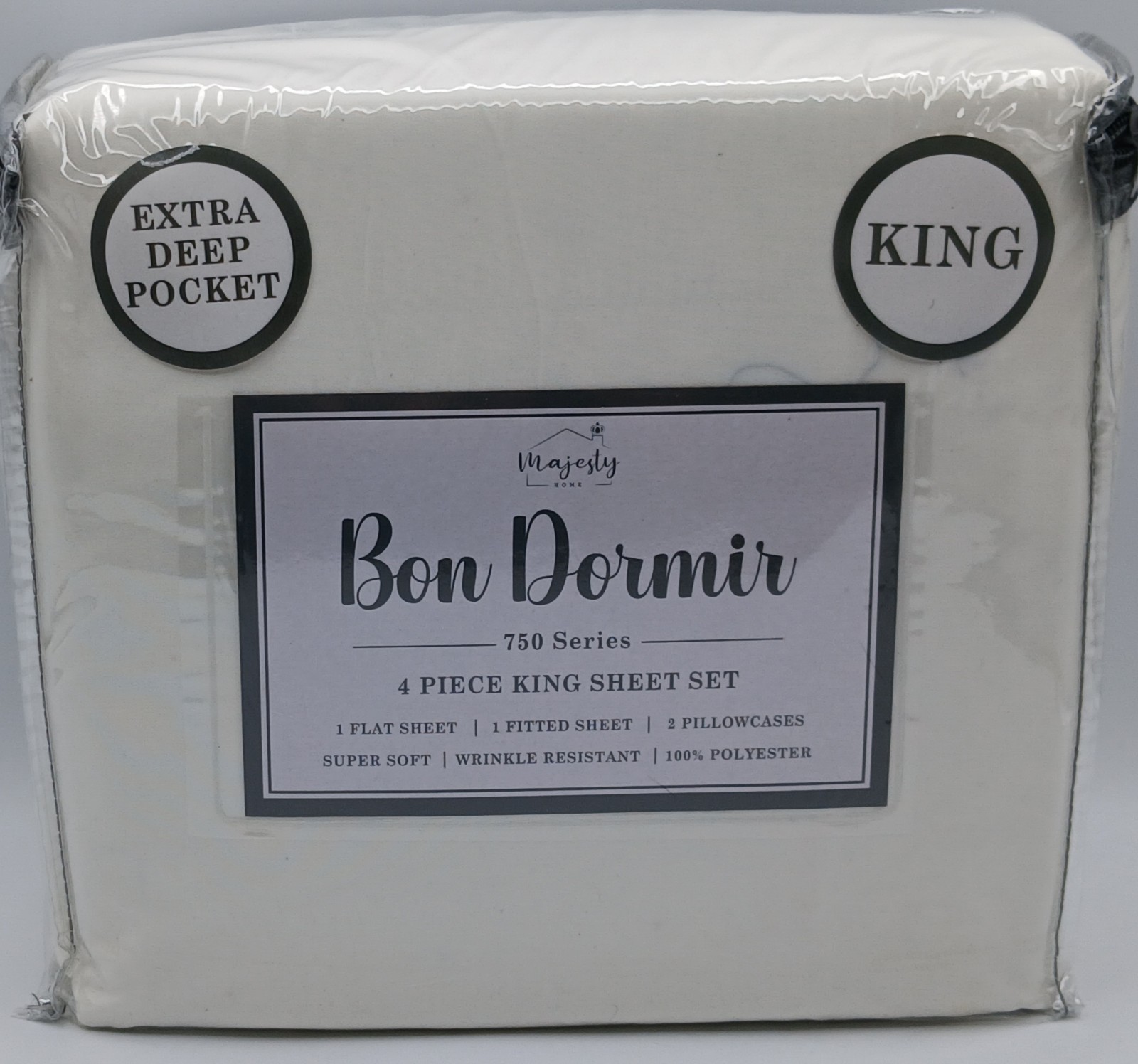 New Bon Domir King 750 Series. 4 Piece Ivory Set With Extra Deep Pockets.