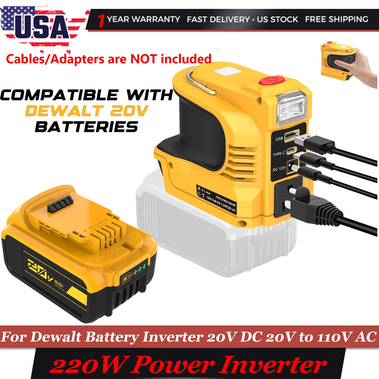 w/LED 220W Power Inverter/5.0AH Battery For Dewalt 20V DCB205 DC 20V to AC 110V