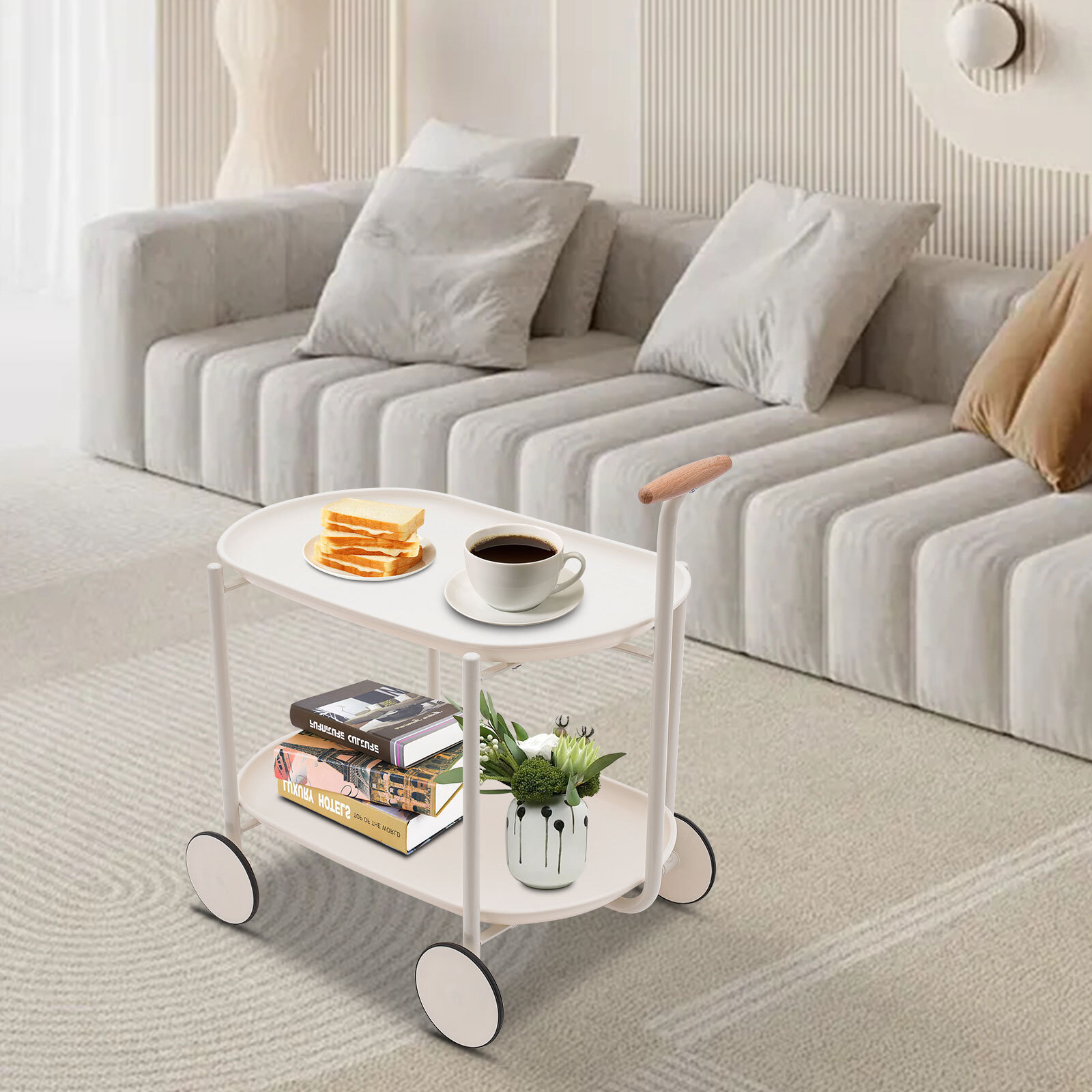 2 Tier Rolling Cart Storage Cart with Handle Storage Organizer Cart Carbon Steel