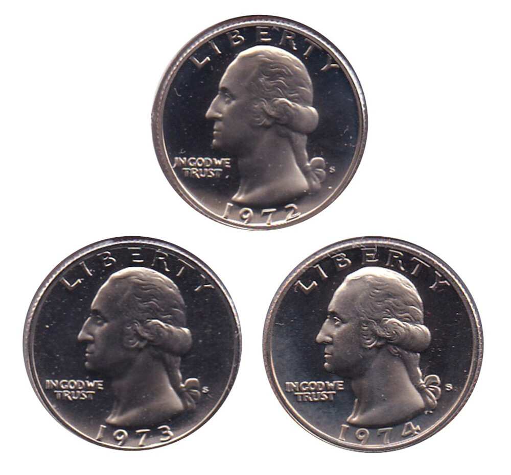 1972-S, 1973-S, & 1974-S Frosty Cameo Washington QUARTER 25¢ - Run of 3 Coins