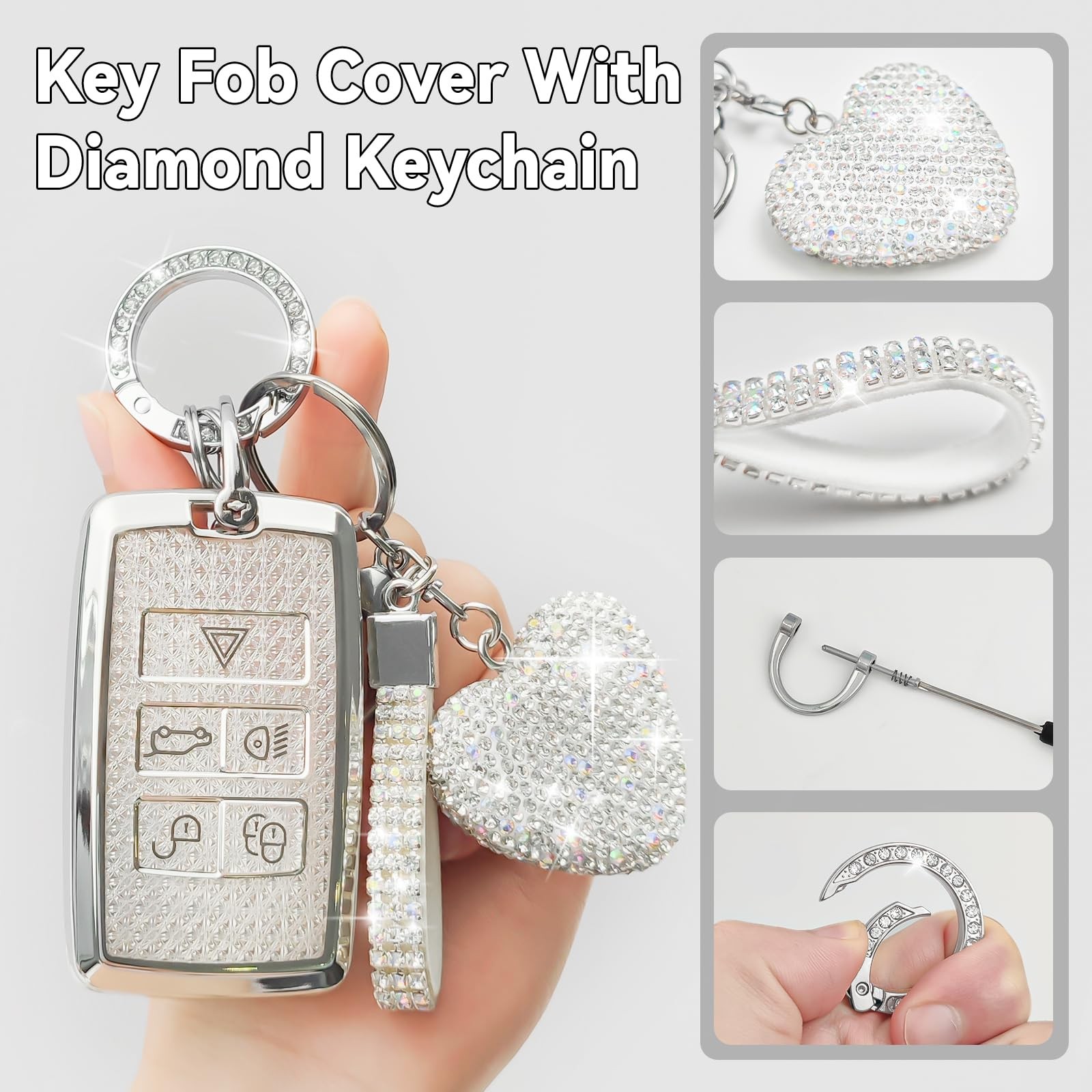 Nomiyo Key Fob Cover with Diamond, Compatible L-Rover 2018-2025~, Silver