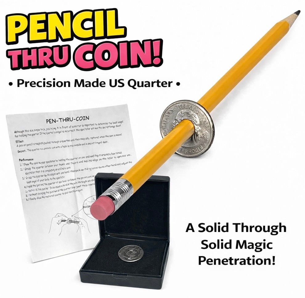 PEN THRU COIN Close Up Magic Trick Pocket Melts Penetration Quarter Pencil Cig.