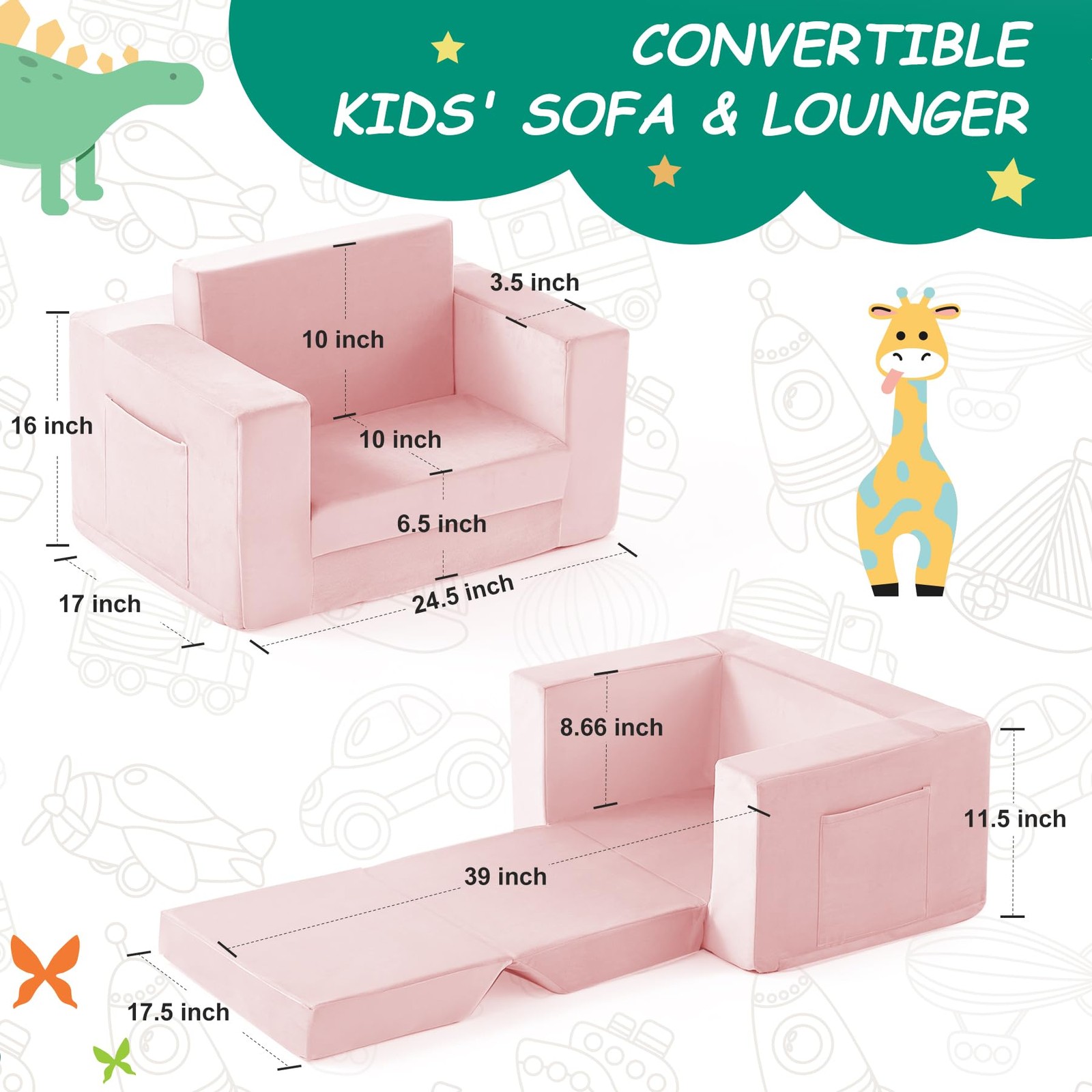 Kids Couch, 2-in-1 Toddler Chair Comfy 1-3 Years, Convertible Kids Chair, Tod...