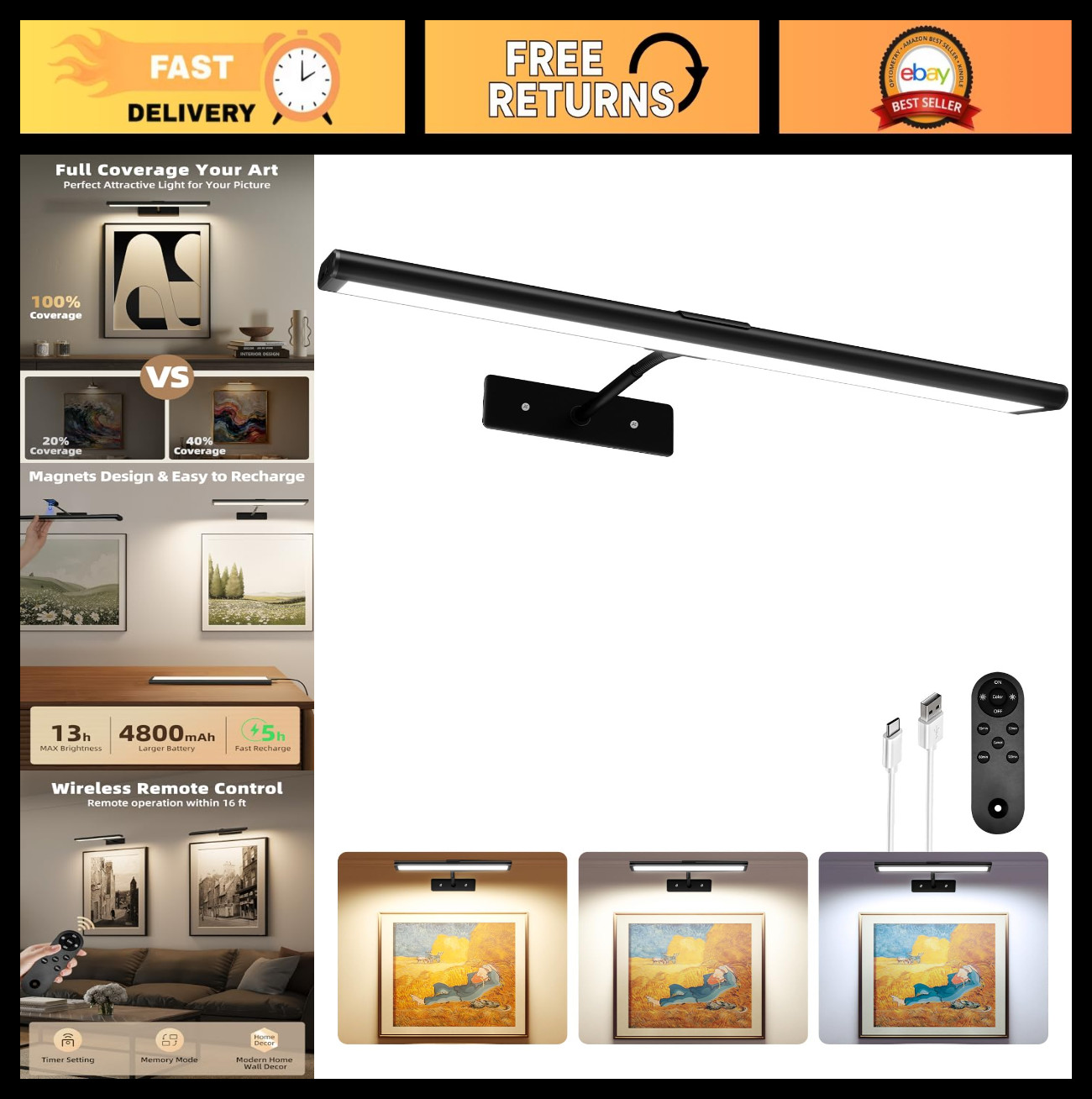 Rechargeable Wireless Picture Light, 16" Dimmable LED Art Display, Remote Contro
