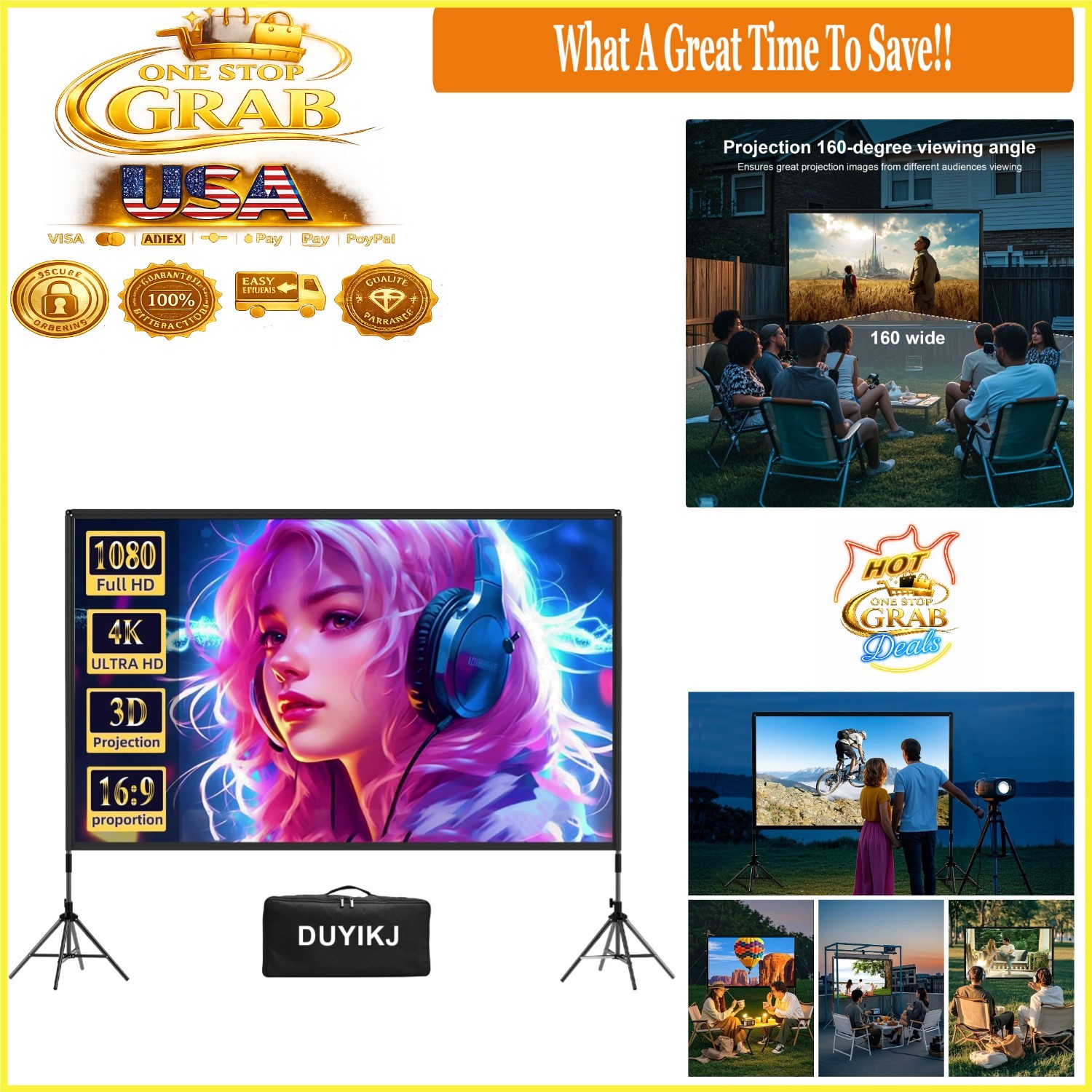Portable 4K HD Projector with Stand 100 Inch Outdoor Indoor Movie Screen