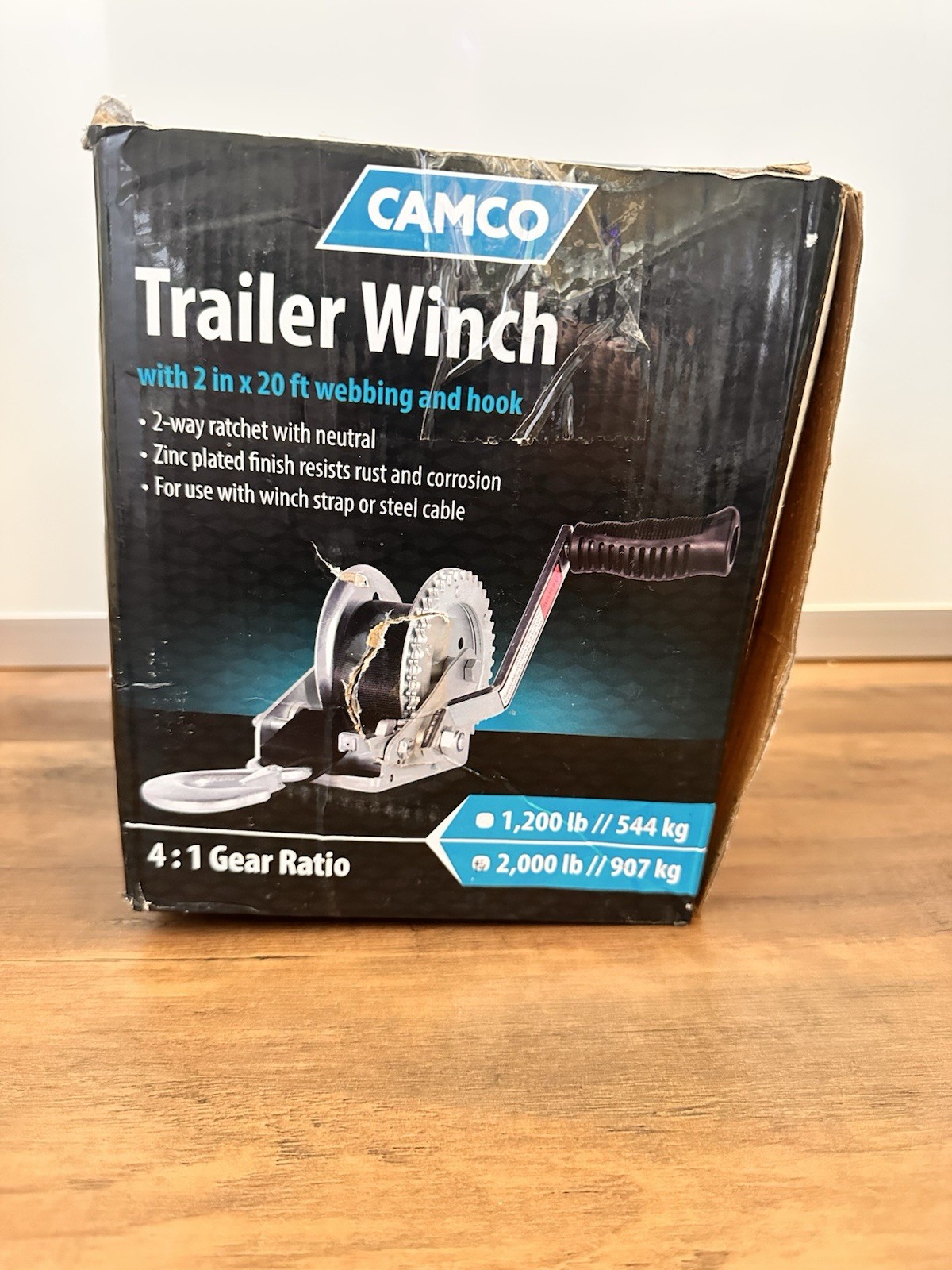 Camco 50000 Trailer Boat Winch 4:1 Ratio w/20ft Strap Tow Lift Crank Handle