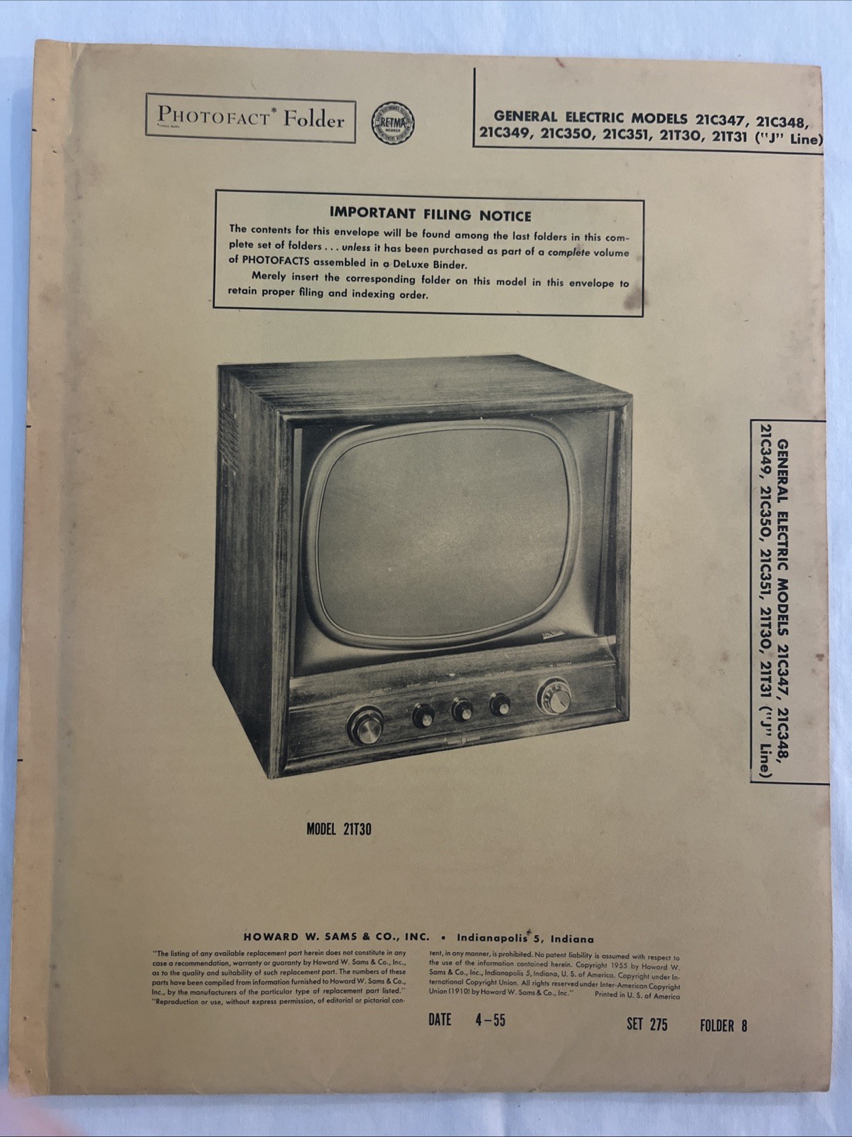 Vintage Sams Photofact Schematic 4-1955 GENERAL ELECTEIC MODELS 21C347, 21C348