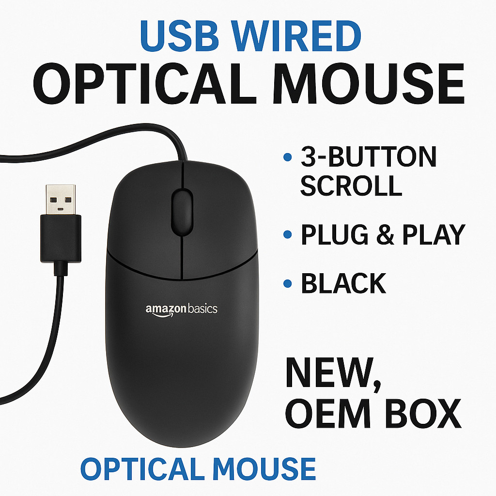 Amazon Basics USB Wired Optical Mouse – 3-Button Scroll, Black, Plug & Play—NEW