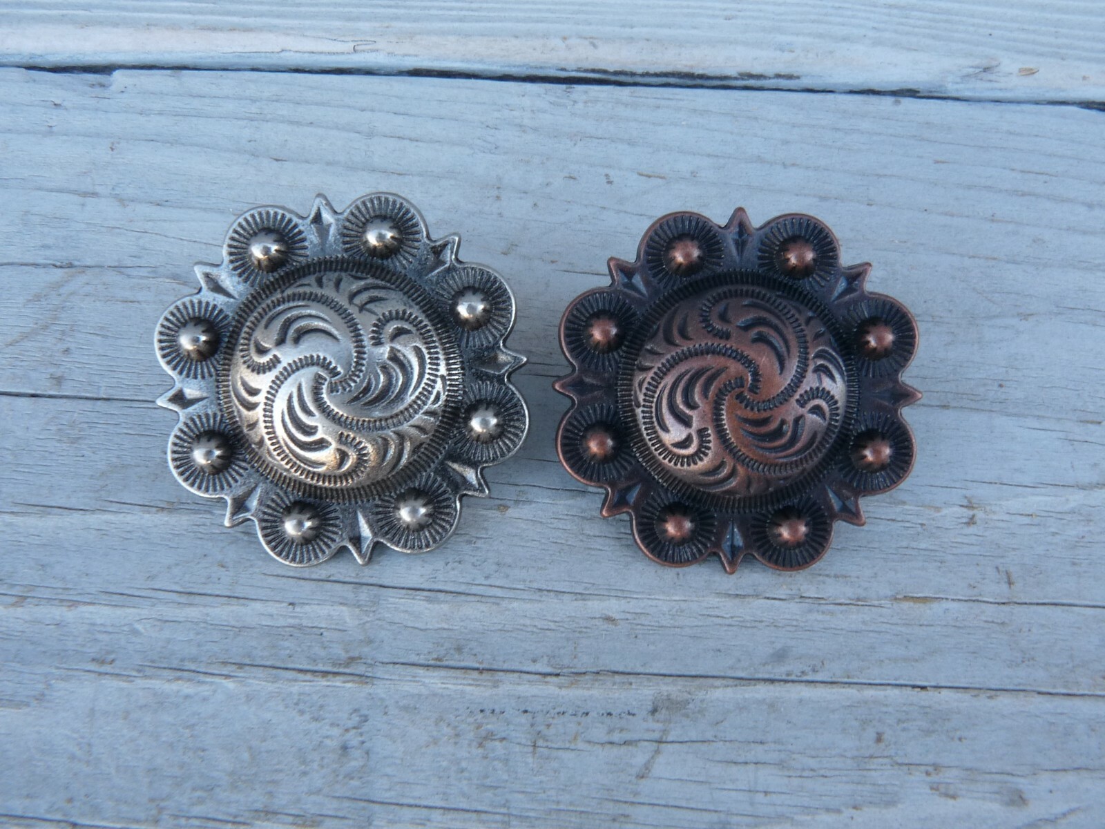 Lot of 2 PAIR Berry Spot Concho Antique Copper Nickel 1-1/2" 1"