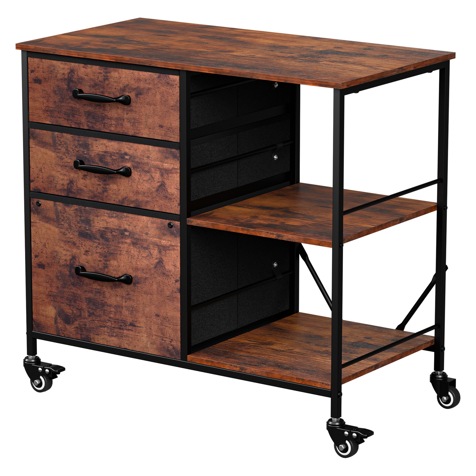 3 Drawer Mobile File Cabinet Rolling Printer Stand w/ Storage Shelf Rustic Brown
