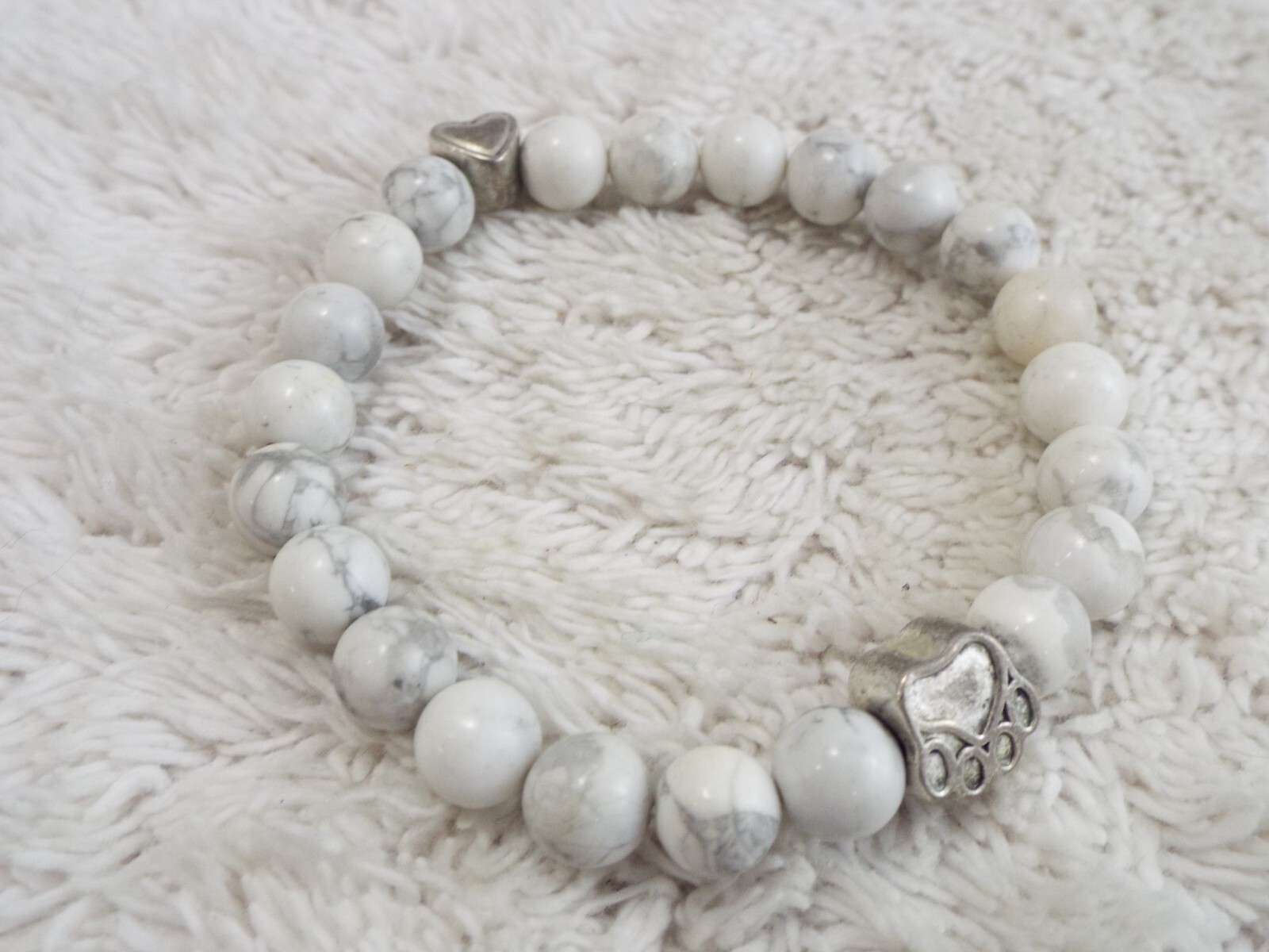 White Marble Bead Paw Print Stretch Bracelet (A30)