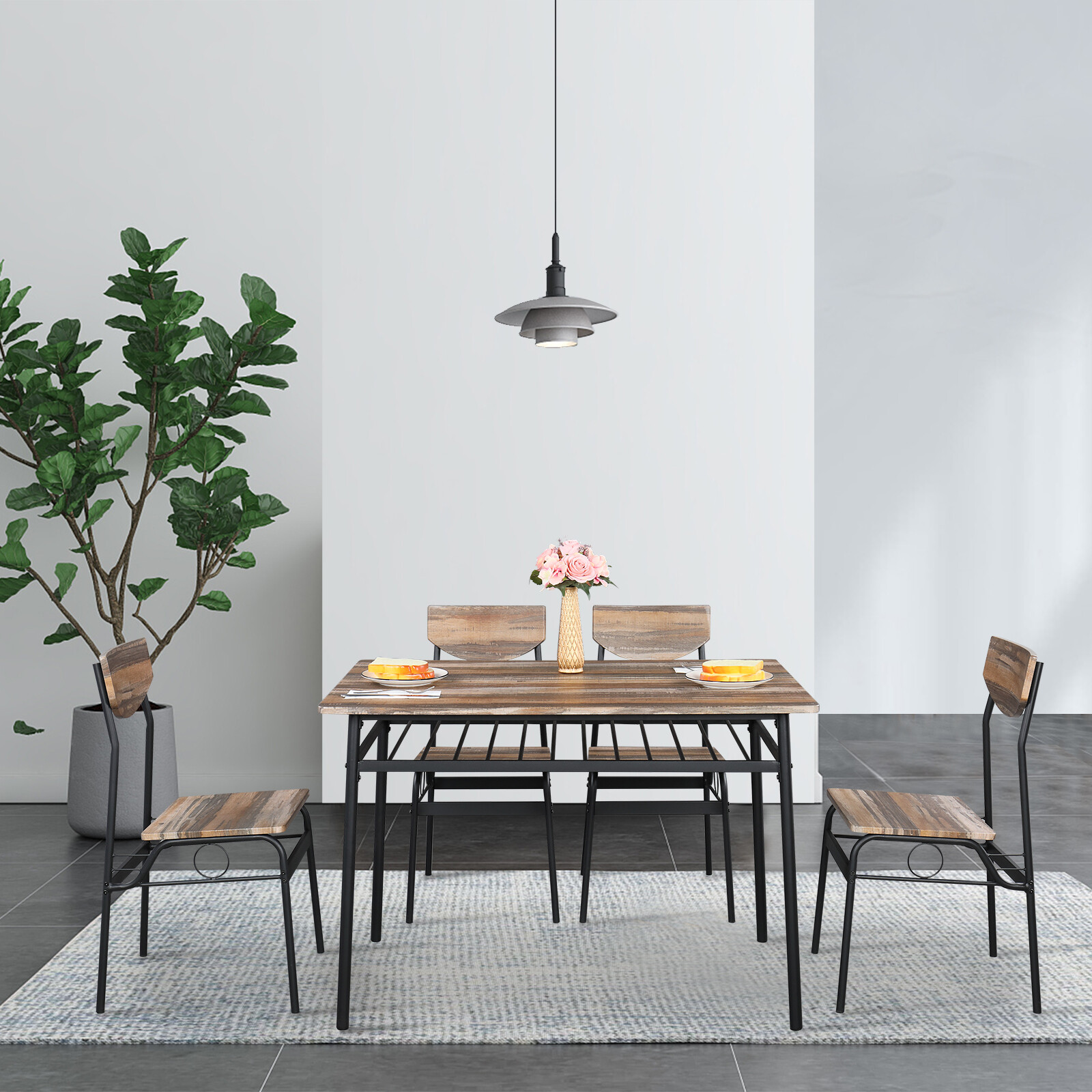US 5Pcs Rustic Wood Dining Set With 1 Rectangular Table & 4 Chairs Natural Color