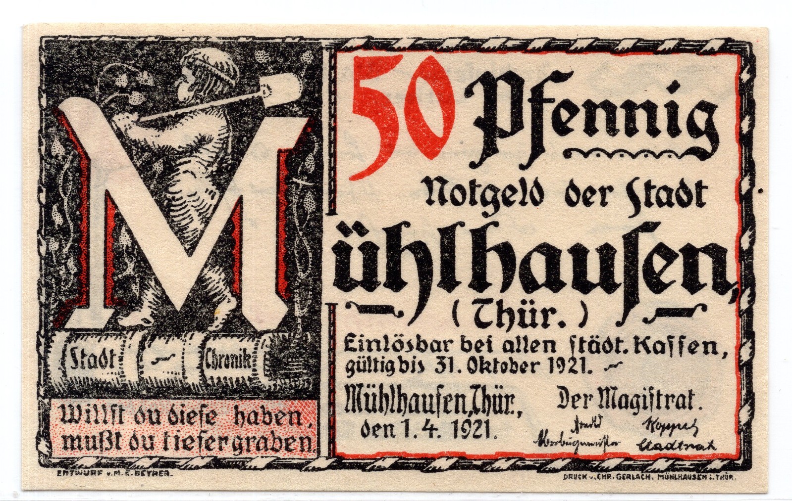 1921 Germany Muhlhausen Notgeld 50 Pfennig Note (2482)