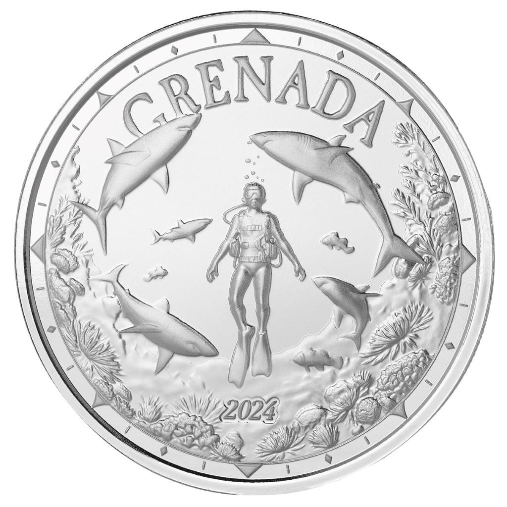 2024 1 oz Grenada Shark Diver EC8 Silver Coin .999 Fine Silver BU #A486