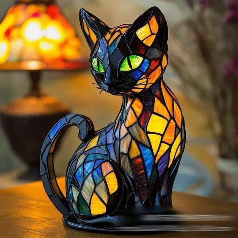 Cat LampRetro Cats Stained Resin Cat Tabletop Night LightStained Animal Lam...