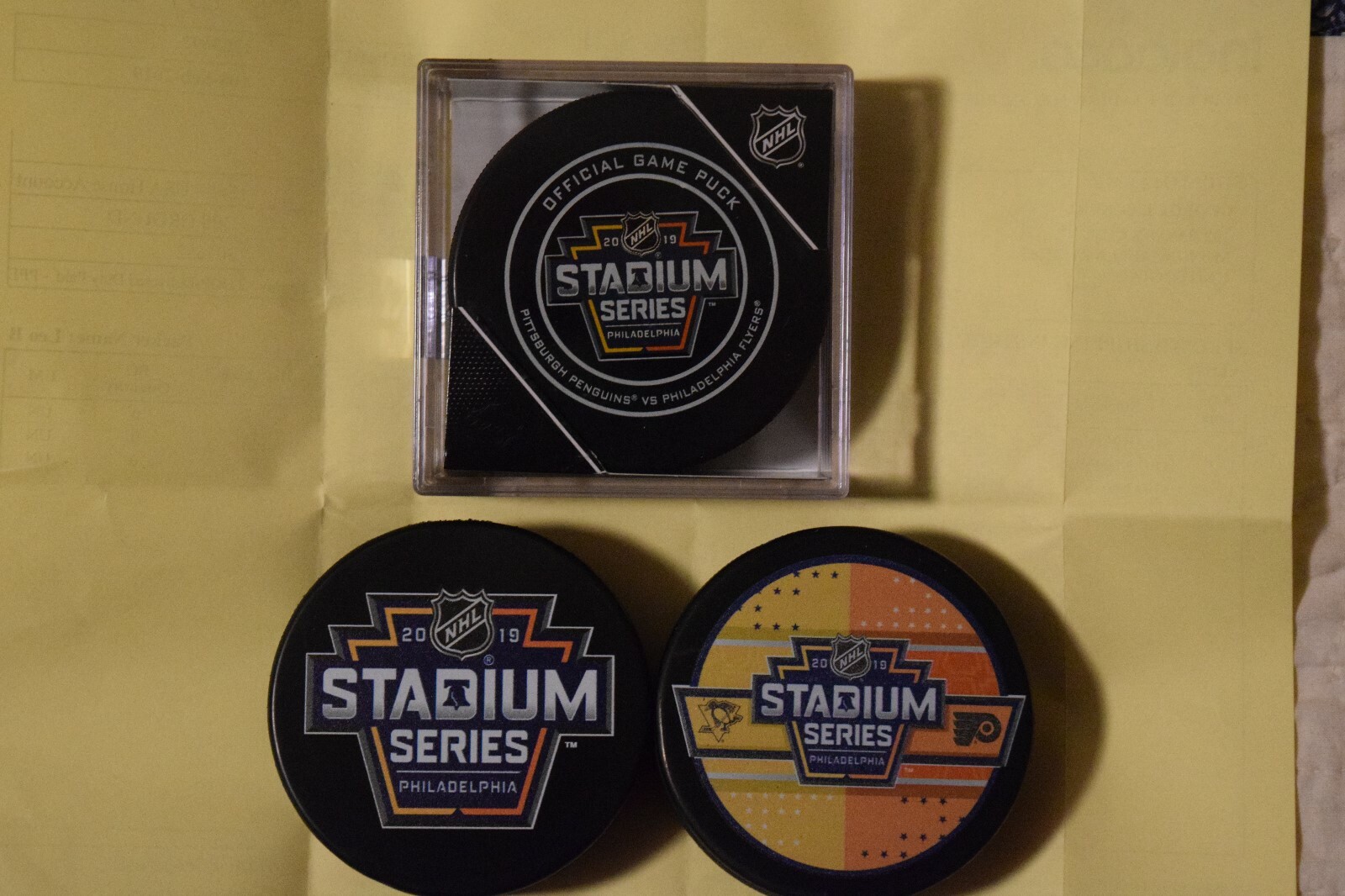2019 Stadium Serie  Hat Trick Puck Set, Game/Souvenir, & Dueling Penguins/Flyers