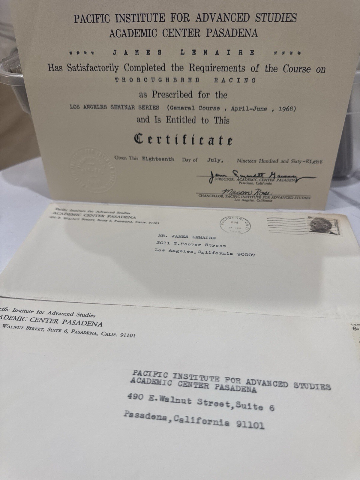 1968 Pacific Institute Pasadena Thoroughbred Racing Certificate Letters Archive
