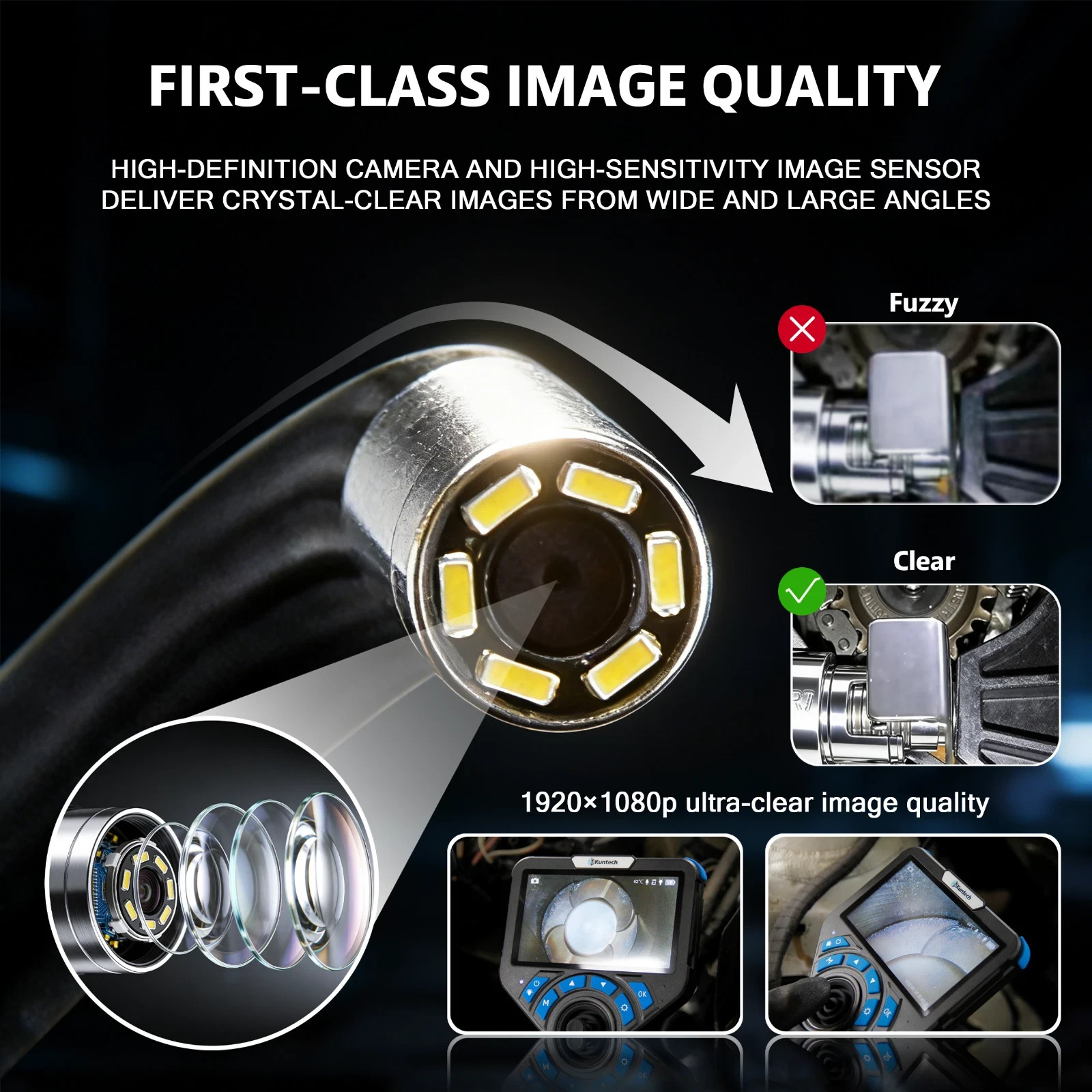 Kuntech 4-Way 360° Articulating Borescope 5" Endoscope w/Light Inspection Camera