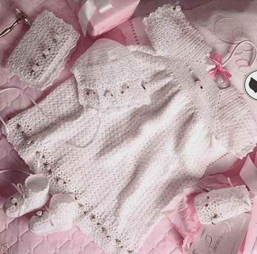 Christening Ensemble: thread crochet long or short gown bonnet booties bib +