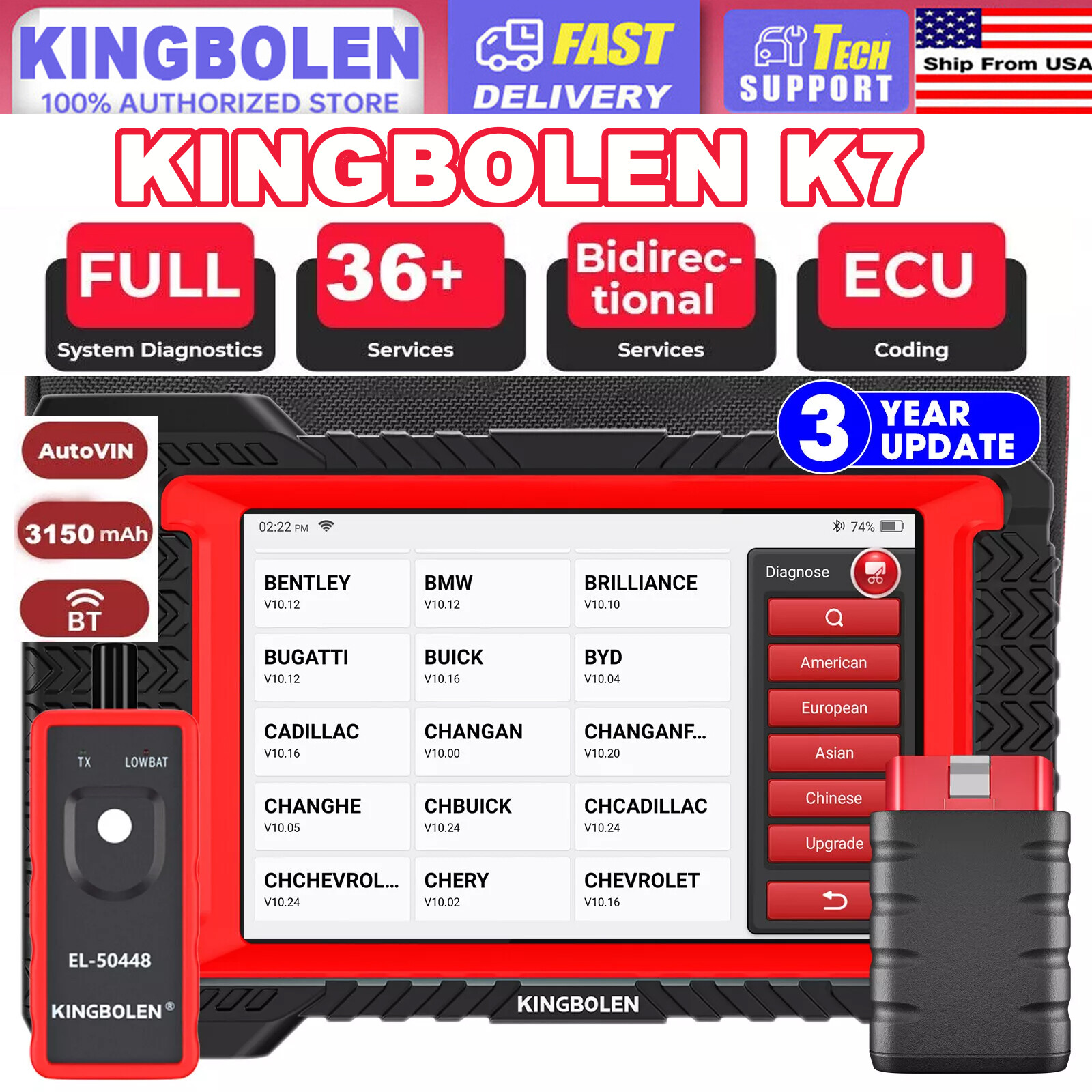 KINGBOLEN K7 PRO Car OBD2 Scanner Full System Diagnostic Tool ECU Key Coding