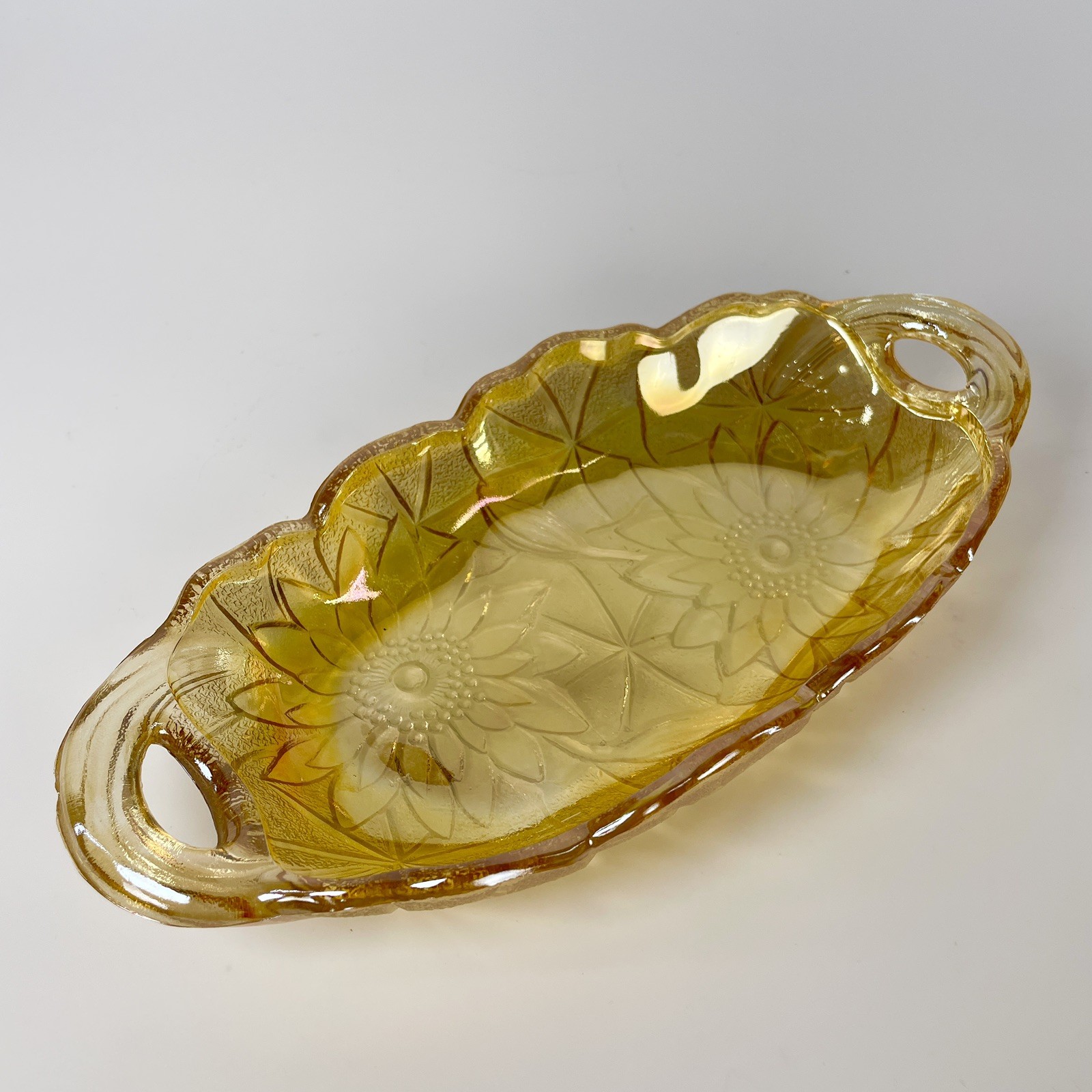 Vintage Indiana Glass Sunflower Iridescent Marigold Oval Relish Dish