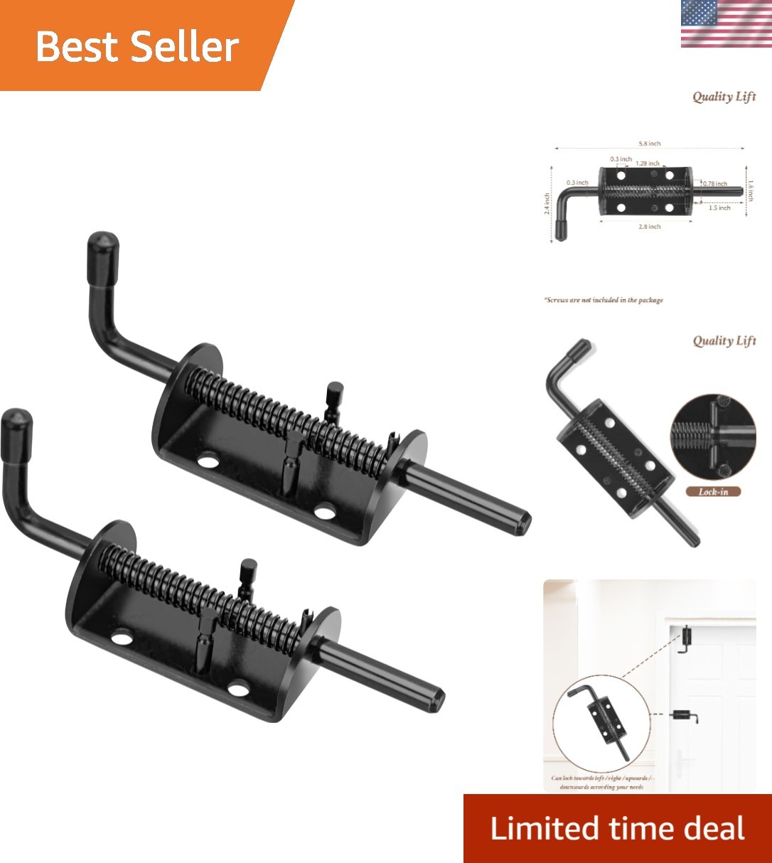 Durable 6in Gate Latch Pin Bolt - Spring Loaded Design for Wood & Metal Use, 2PK