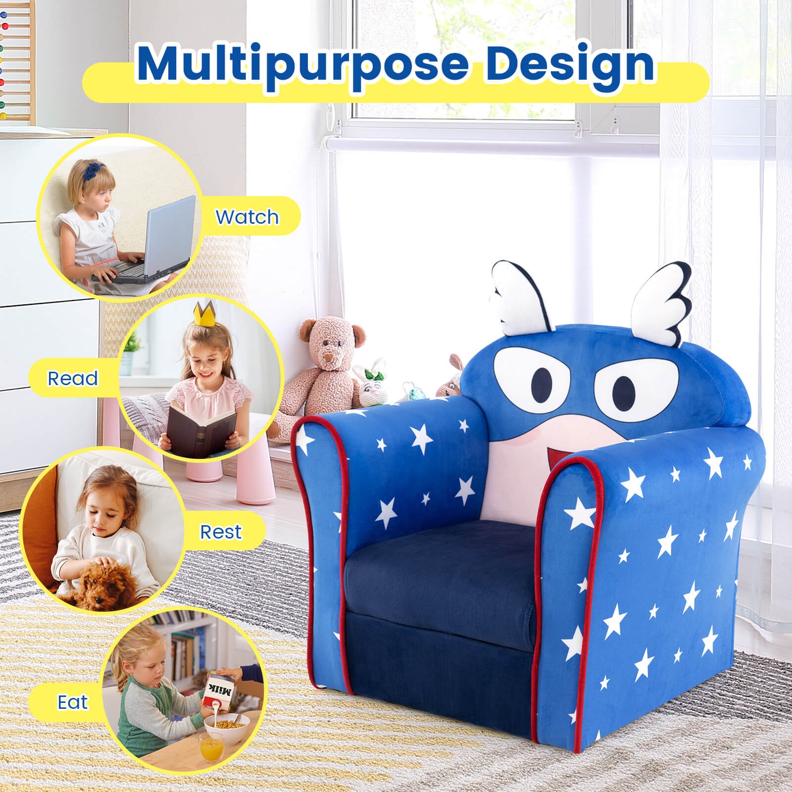 Kid's Armchair Upholstered Wooden Frame Sofa Children Couch Navy