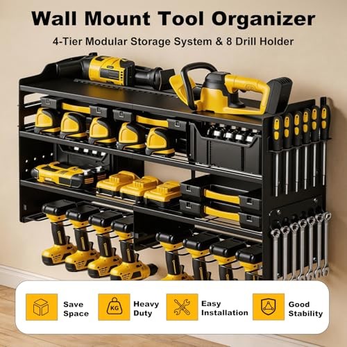 Large Power Tool Organizer Wall Mount, 8 Drill Holder Wall Mount Loads Black
