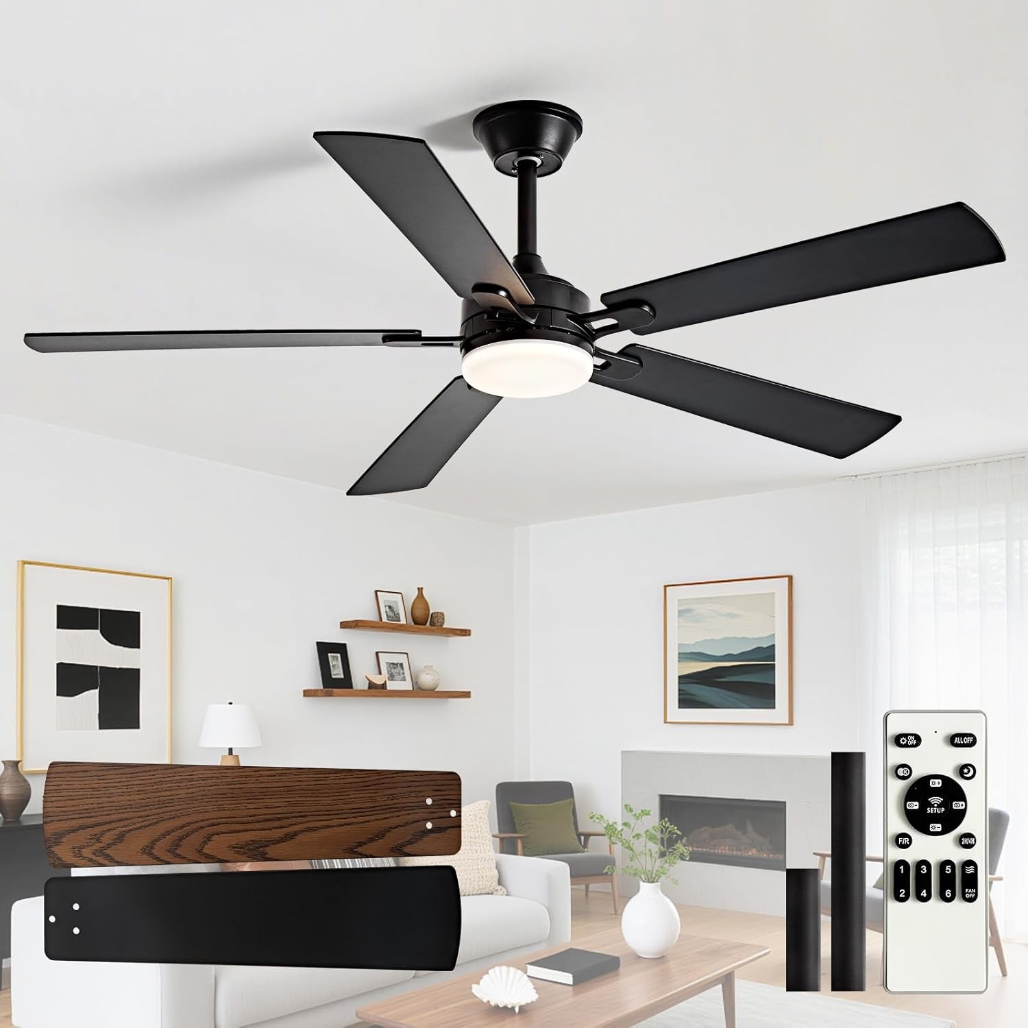 52-Inch Black Ceiling Fan with Light, Remote, 5 Walnut Blades, 6 Speeds