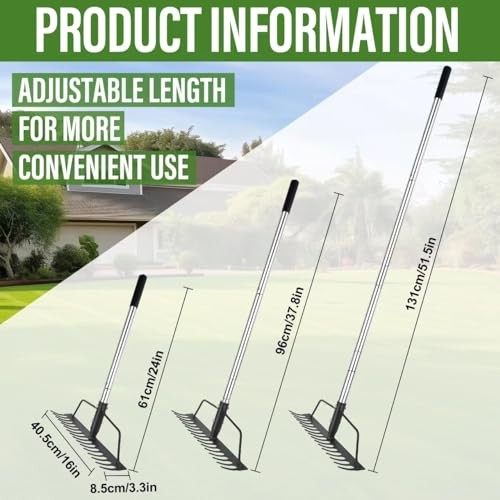 15 Inch Wide Bow Rake, 16 Steel Tines Metal Head Rake Tool with Stainless