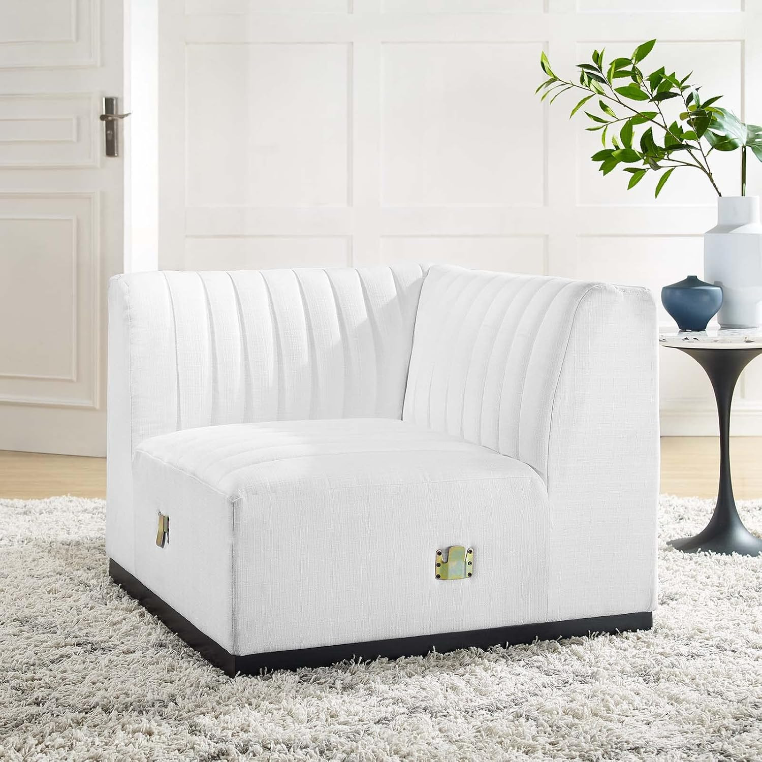 EEI-5497-BLK-WHI Conjure Channel Tufted Upholstered Fabric Left Corner Chair, Bl
