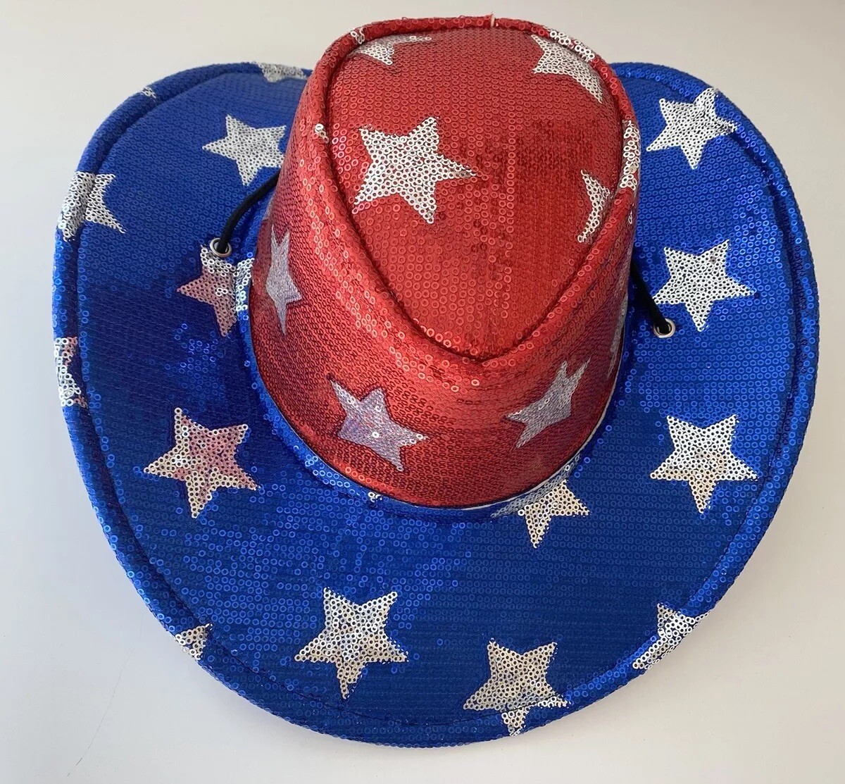 Sequin Hat Cowboy Cowgirl Red White Blue Stars Patriotic 4th of July America EUC