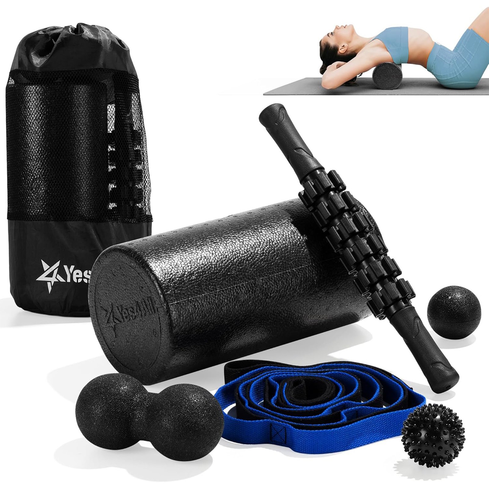 Yes4All 7-in-1 EPP Round Foam Roller Set for Pilates and Exercise, 12 Inch Black