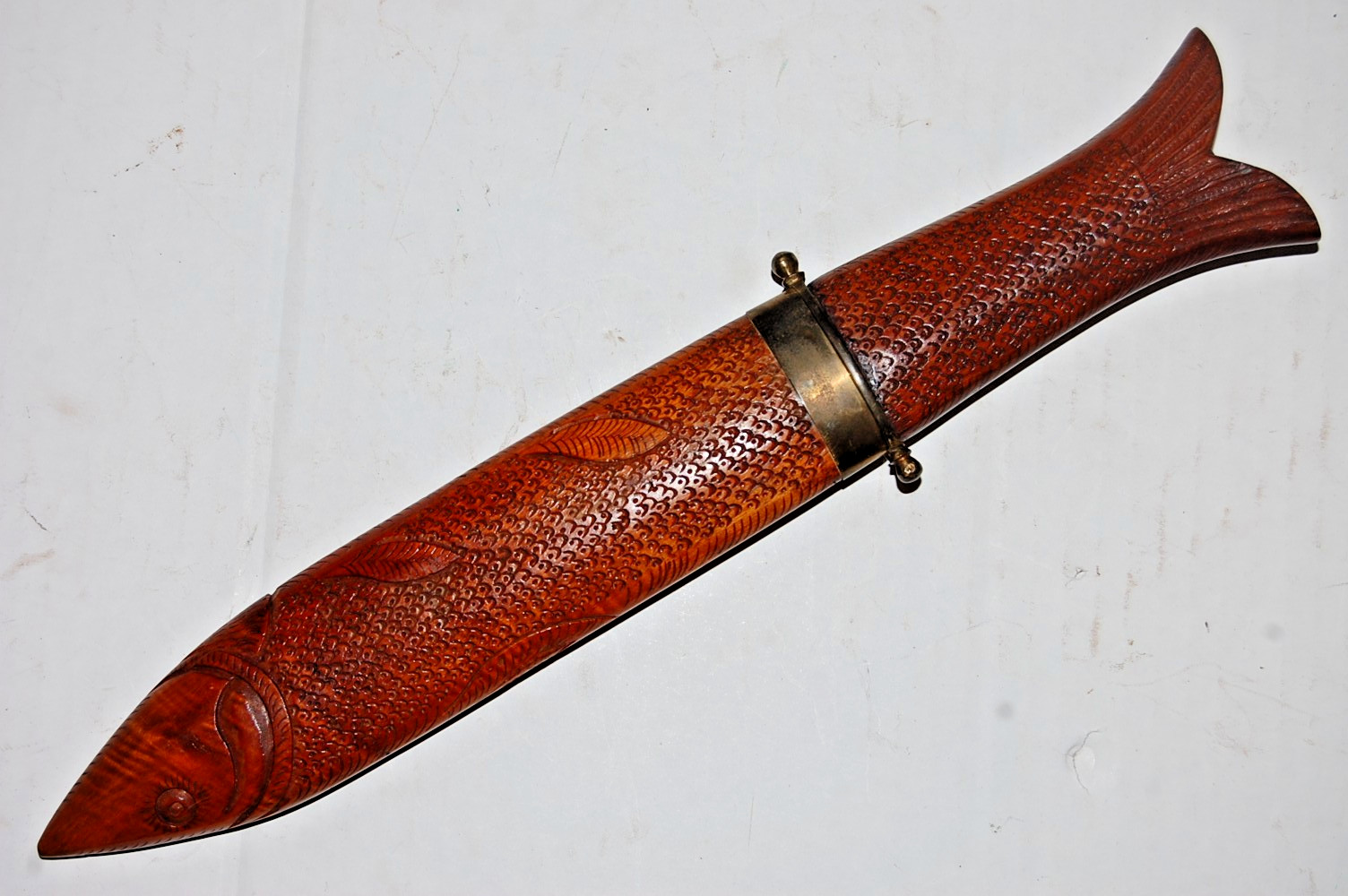 Vintage Large Figural Fish Knife/Dagger & Wood Sheath - Made in India