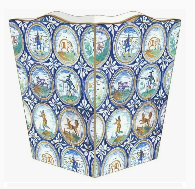 Marye-Kelley, "Old European Delft Tiles"  Wooden 12" Wastepaper Basket, New