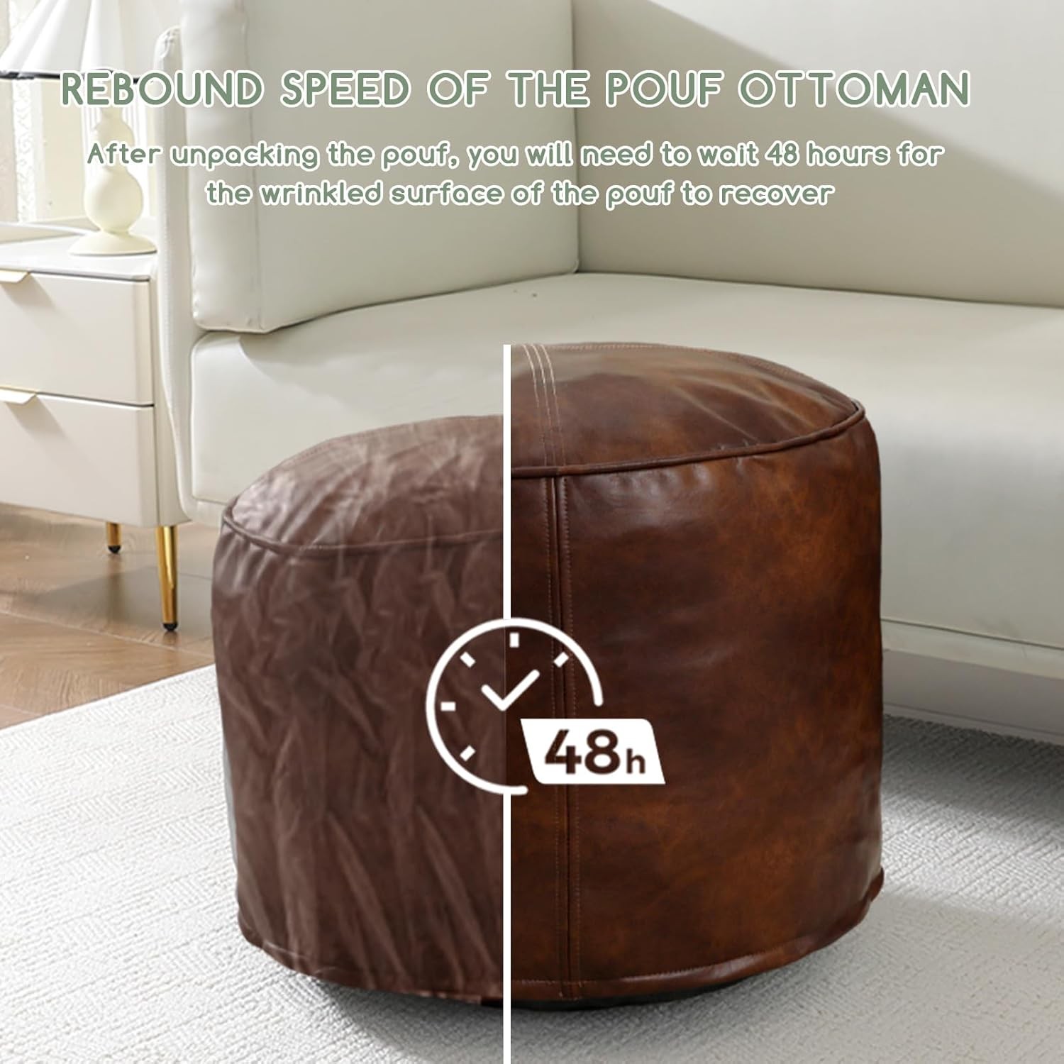 Round Stuffed Pouf Ottoman Pu Leather Poufs W/ Foam Chunk Filling Furry & Fluffy