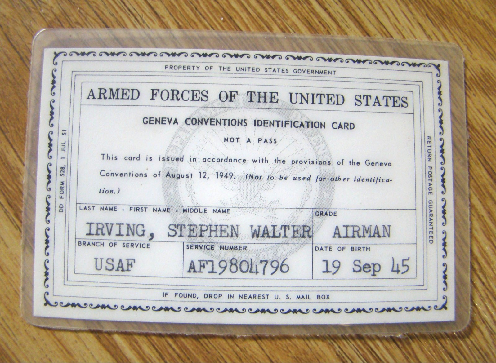 WWII Era U.S. Armed Forces Geneva Convention ID Card Army Air Force 1945