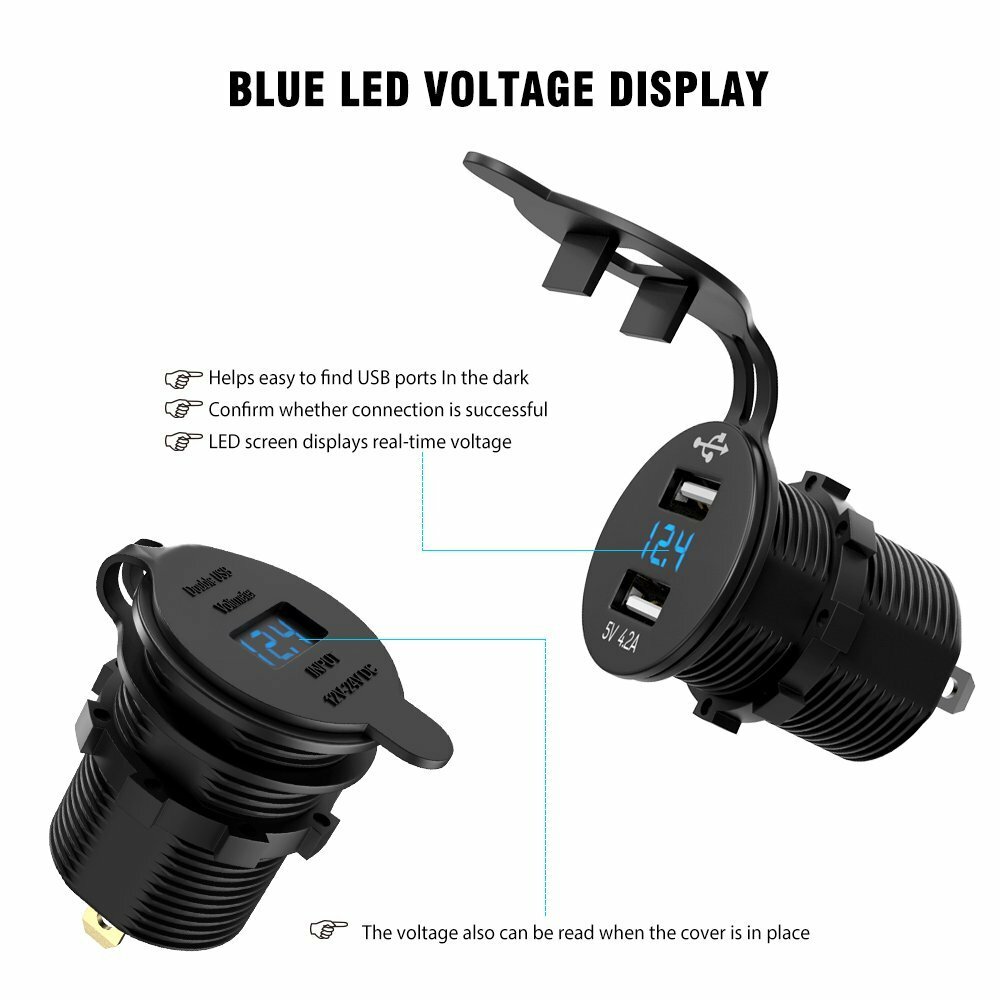 Aluminum 4.2A Dual USB Port Car Cigarette Lighter Socket Plug Blue LED Voltmeter